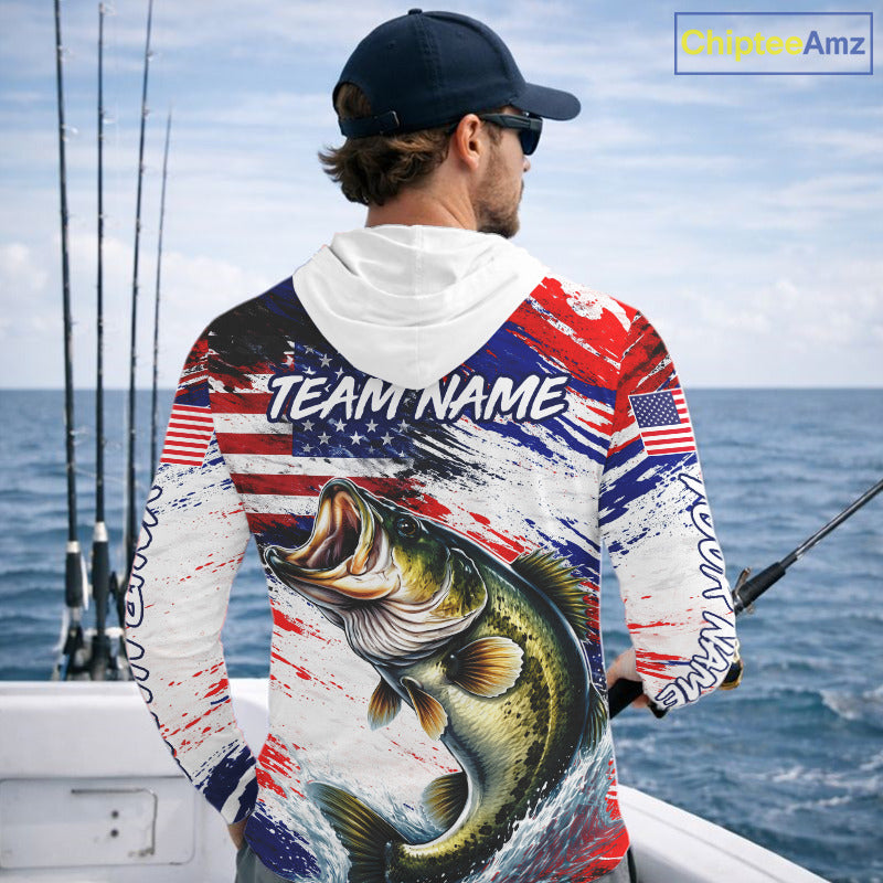 Patriotic Bass Fishing Tournament Shirts, Personalized American Flag Hooded Bass Fishing Jerseys NHT497