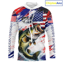 Load image into Gallery viewer, Patriotic Bass Fishing Tournament Shirts, Personalized American Flag Hooded Bass Fishing Jerseys NHT497