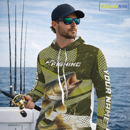 Walleye Fishing Custom Performance Fishing Shirts, Hooded Walleye Fishing Jerseys For Men NHT500