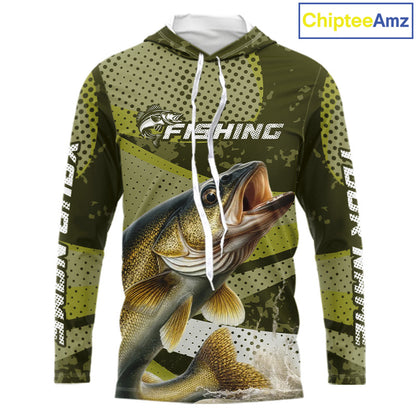 Walleye Fishing Custom Performance Fishing Shirts, Hooded Walleye Fishing Jerseys For Men NHT500