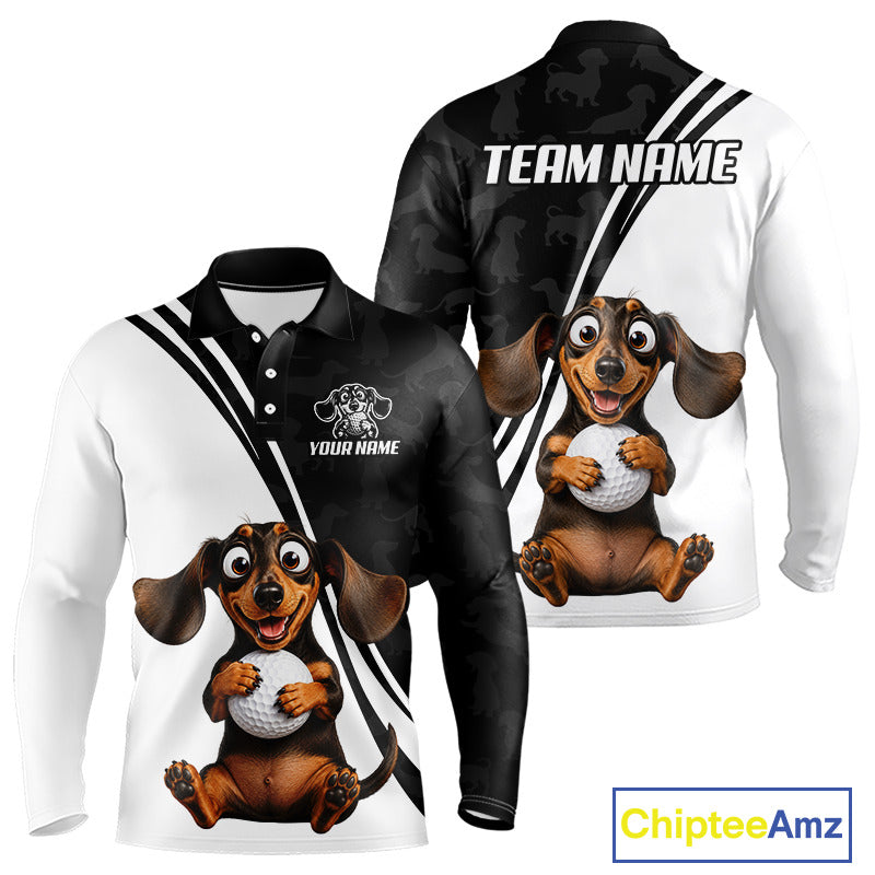 A long-sleeve polo shirt shown from the front and back on a white background. The shirt has a black and white diagonal split design with a cartoon dachshund holding a golf ball printed on the front and back, plus customizable text areas reading 'TEAM NAME' and 'YOUR NAME'