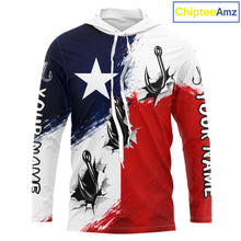 Load image into Gallery viewer, Texas Fishing Fish Hooks Patriotic Fishing Shirt Long Sleeve Hooded, Custom Name Fishing Jerseys NHT664