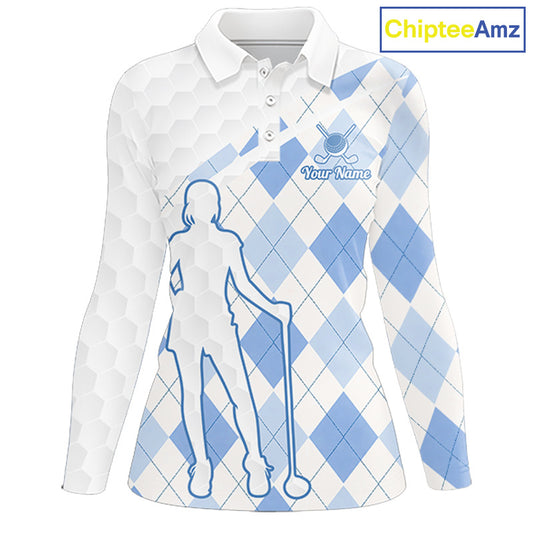 Personalized Blue White Argyle Plaid Pattern Womens Golf Polo Shirts, Blue Golf Tops For Womens NHT674