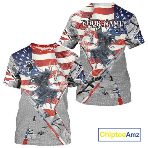 Deer Hunting 3D US Flag Camo Gray Grim Reaper Deer Skull Full Printing Custom Name Shirt NHT203