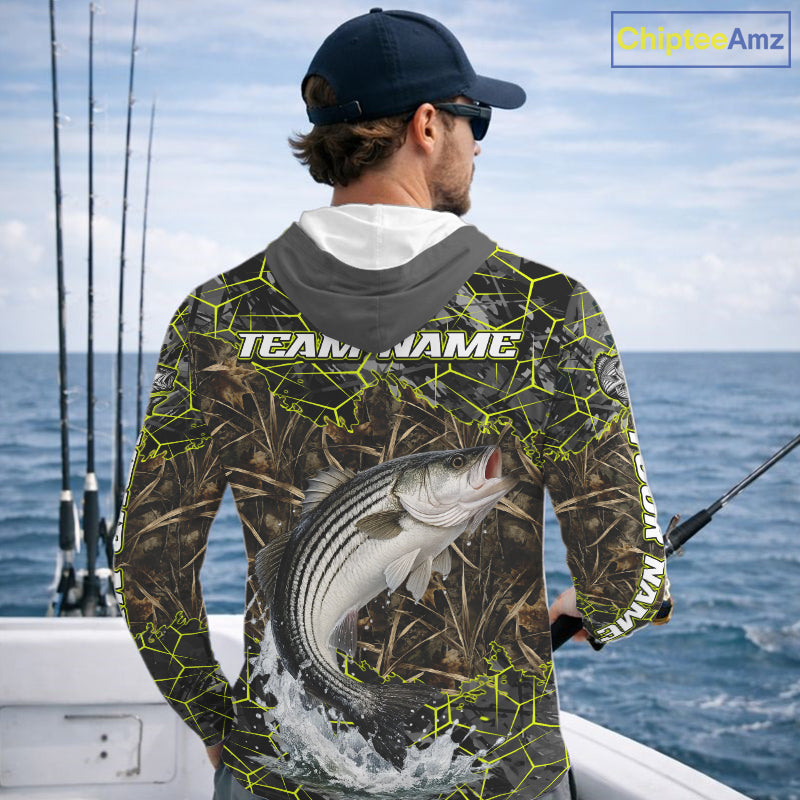 Striped Bass Custom Long Sleeve Hooded Fishing Shirts, Camouflage Striper Fishing Jerseys NHT518