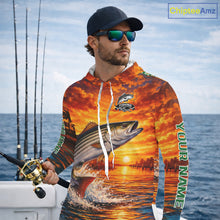 Load image into Gallery viewer, Personalized Striped Bass Fish Hooded Fishing Shirt Long Sleeve – Sunset Ocean Design NHT711