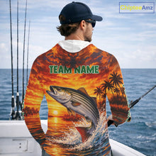 Load image into Gallery viewer, Personalized Striped Bass Fish Hooded Fishing Shirt Long Sleeve – Sunset Ocean Design NHT711