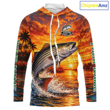 Load image into Gallery viewer, Personalized Striped Bass Fish Hooded Fishing Shirt Long Sleeve – Sunset Ocean Design NHT711