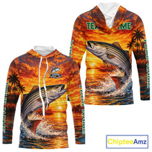 Load image into Gallery viewer, Personalized Striped Bass Fish Hooded Fishing Shirt Long Sleeve – Sunset Ocean Design NHT711