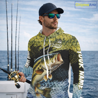 Largemouth Bass Fishing Green Camo Bass Jersey, Customized Bass Fishing Shirts Hooded Long Sleeve NHT532