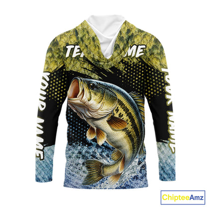Largemouth Bass Fishing Green Camo Bass Jersey, Customized Bass Fishing Shirts Hooded Long Sleeve NHT532