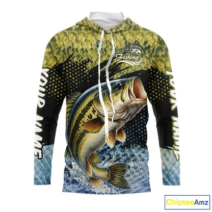 Largemouth Bass Fishing Green Camo Bass Jersey, Customized Bass Fishing Shirts Hooded Long Sleeve NHT532