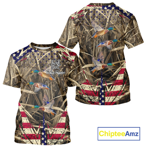 Beautiful Mallard Duck Hunting Waterfowl Camouflage Shirt with US Flag  Duck Hunting Season NHT122