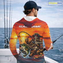 Load image into Gallery viewer, Skeleton Bass Hooded Fishing Shirts Long Sleeve – Sunset Fisherman Skull Design, Funny Fishing Gift For Anglers NHT536