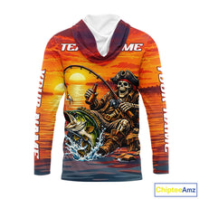 Load image into Gallery viewer, Skeleton Bass Hooded Fishing Shirts Long Sleeve – Sunset Fisherman Skull Design, Funny Fishing Gift For Anglers NHT536