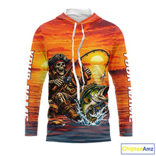 Load image into Gallery viewer, Skeleton Bass Hooded Fishing Shirts Long Sleeve – Sunset Fisherman Skull Design, Funny Fishing Gift For Anglers NHT536