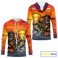 Load image into Gallery viewer, Skeleton Bass Hooded Fishing Shirts Long Sleeve – Sunset Fisherman Skull Design, Funny Fishing Gift For Anglers NHT536