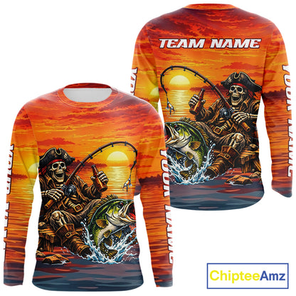Skeleton Bass Fishing Shirts Long Sleeve – Sunset Fisherman Skull Design, Funny Fishing Gift For Anglers NHT536