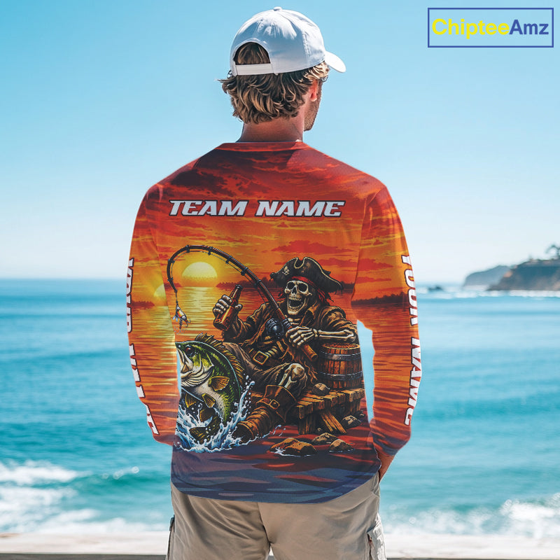 Skeleton Bass Fishing Shirts Long Sleeve – Sunset Fisherman Skull Design, Funny Fishing Gift For Anglers NHT536