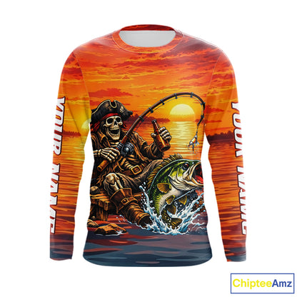 Skeleton Bass Fishing Shirts Long Sleeve – Sunset Fisherman Skull Design, Funny Fishing Gift For Anglers NHT536