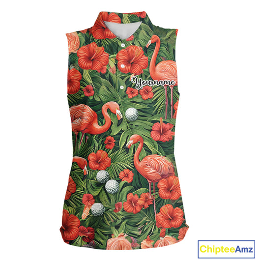 Custom Hibicus Flamingo Floral Golf Sleeveless Polo Shirts For Womens, Flower Golf Team Shirts NHT540