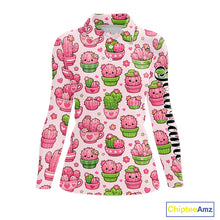 Load image into Gallery viewer, Cute Kawaii Cactus Womens Golf Polo Shirt, Funny Pink Cartoon Cactus Shirt NHT555