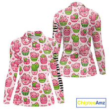 Load image into Gallery viewer, Cute Kawaii Cactus Womens Golf Polo Shirt, Funny Pink Cartoon Cactus Shirt NHT555