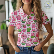 Load image into Gallery viewer, Cute Kawaii Cactus Womens Golf Polo Shirt, Funny Pink Cartoon Cactus Shirt NHT555