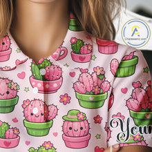 Load image into Gallery viewer, Cute Kawaii Cactus Womens Golf Polo Shirt, Funny Pink Cartoon Cactus Shirt NHT555