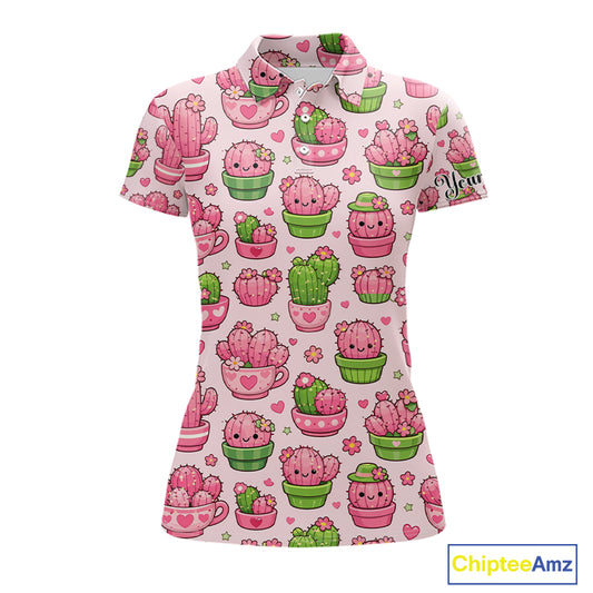 Cute Kawaii Cactus Womens Golf Polo Shirt, Funny Pink Cartoon Cactus Shirt NHT555
