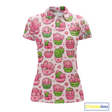 Load image into Gallery viewer, Cute Kawaii Cactus Womens Golf Polo Shirt, Funny Pink Cartoon Cactus Shirt NHT555