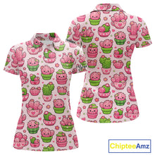 Load image into Gallery viewer, Cute Kawaii Cactus Womens Golf Polo Shirt, Funny Pink Cartoon Cactus Shirt NHT555