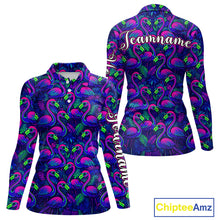 Load image into Gallery viewer, Womens Golf Polo Shirt Neon Flamingos Tropical Pattern Custom Name, Golfing Gifts NHT557