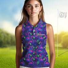 Load image into Gallery viewer, Womens Sleeveless Golf Polo Shirt Neon Flamingos Tropical Pattern Custom Name, Golfing Gifts NHT557