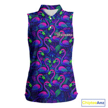 Load image into Gallery viewer, Womens Sleeveless Golf Polo Shirt Neon Flamingos Tropical Pattern Custom Name, Golfing Gifts NHT557