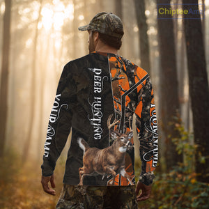 Deer Hunting Shirt 3D Orange Camo Black Custom Name With Deer Skull Whitetail, Hunting Gift NHT236