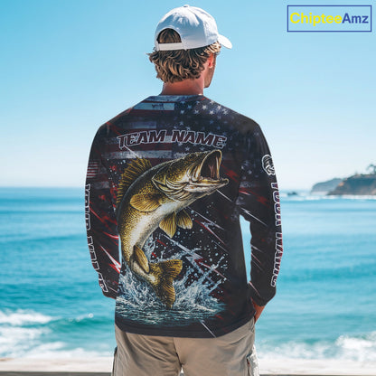Personalized US Flag Walleye Fishing Shirts Long Sleeve, Patriotic Walleye Fishing Apparel NHT482