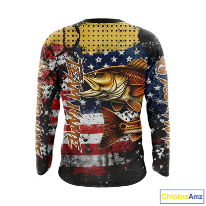 American Flag Custom Redfish Fishing Shirts Long Sleeve, Patriotic Redfish Fishing Jerseys NHT484