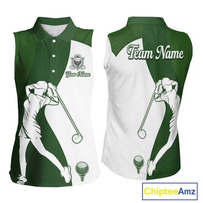 Custom Green & White Womens Sleeveless Golf Polo Shirt, Golf Jersey Team Golf For Women NHT560