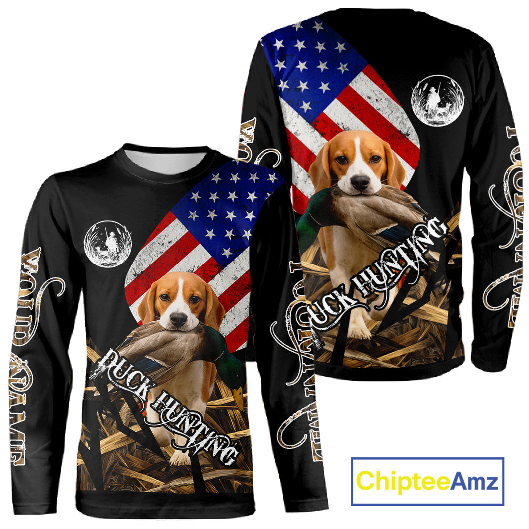 Duck Hunting with Beagle Dog Camo US Flag Custom Name All Over Printed Shirt, Hunting Gift NHT149