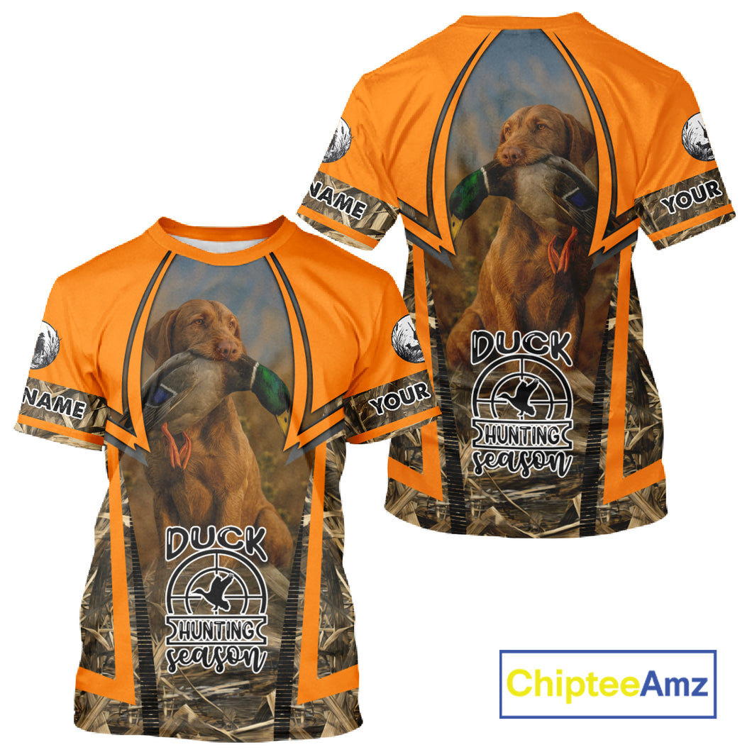 Duck Hunting Shirt Personalized with Vizsla Dog Camo Orange Hunting Clothes For Men NHT151