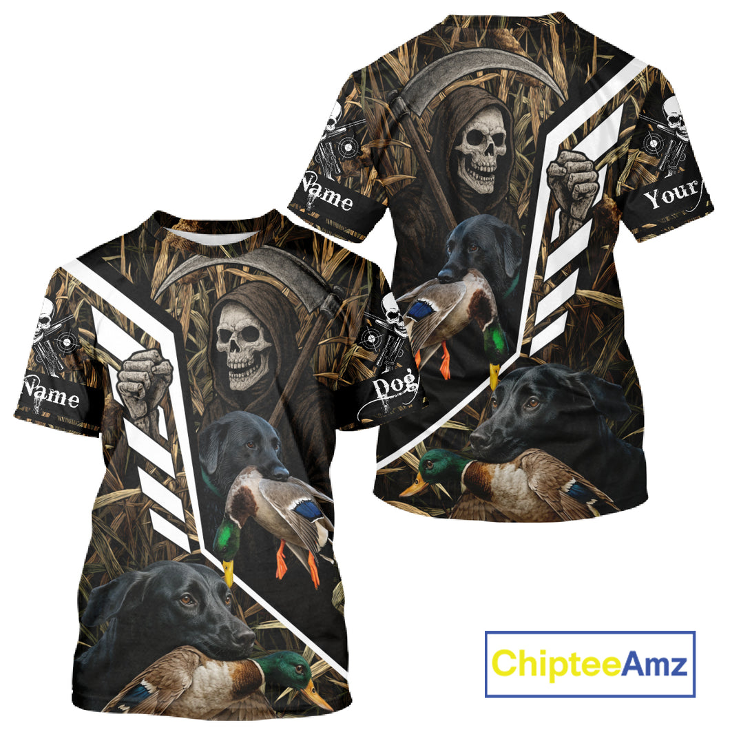 Waterfowl Hunting Shirt Camo Personalized with Black Lab Dog and Grim Reaper, Hunting Gifts NHT168