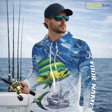Load image into Gallery viewer, Personalized Mahi Mahi Fishing Shirt With Ocean Wave Graphic, Hooded Long Sleeve Fishing Apparel NHT612