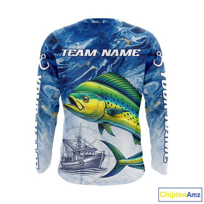 Personalized Mahi Mahi Fishing Shirt With Ocean Wave Graphic, Long Sleeve Fishing Apparel NHT612