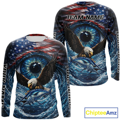 USA Eagle Marlin Fishing Shirt Long Sleeve – Custom Name Patriotic Ocean Eye Design NHT429