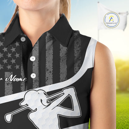 Sleeveless Golf Polo Shirt American Flag Patriotic Golf Shirts Custom Name Golf Gifts For Womens NHT620