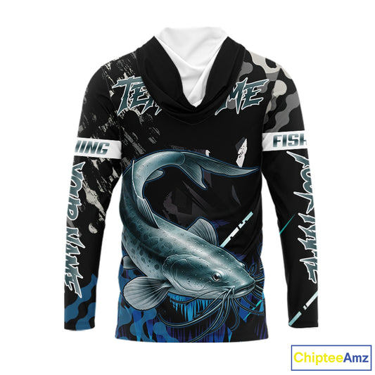 Black Camo Custom Catfish Fishing Shirts Long Sleeve Hooded, Catfish Fishing Jerseys For Men NHT499