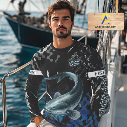 Black Camo Custom Catfish Fishing Shirts Long Sleeve, Catfish Fishing Jerseys For Men NHT499