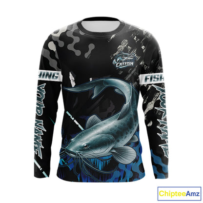 Black Camo Custom Catfish Fishing Shirts Long Sleeve, Catfish Fishing Jerseys For Men NHT499