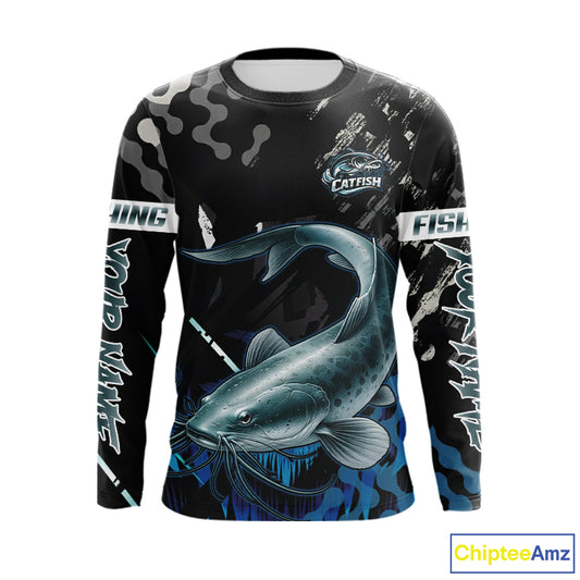 Black Camo Custom Catfish Fishing Shirts Long Sleeve, Catfish Fishing Jerseys For Men NHT499